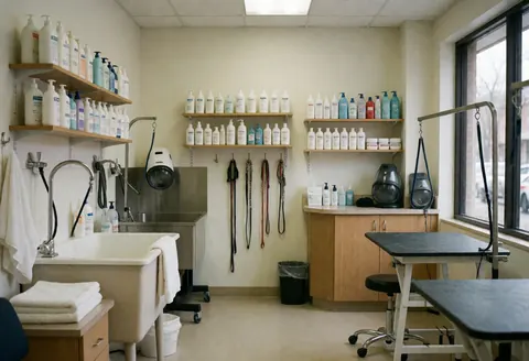 Dog grooming salon with washing, drying stations and pet products.