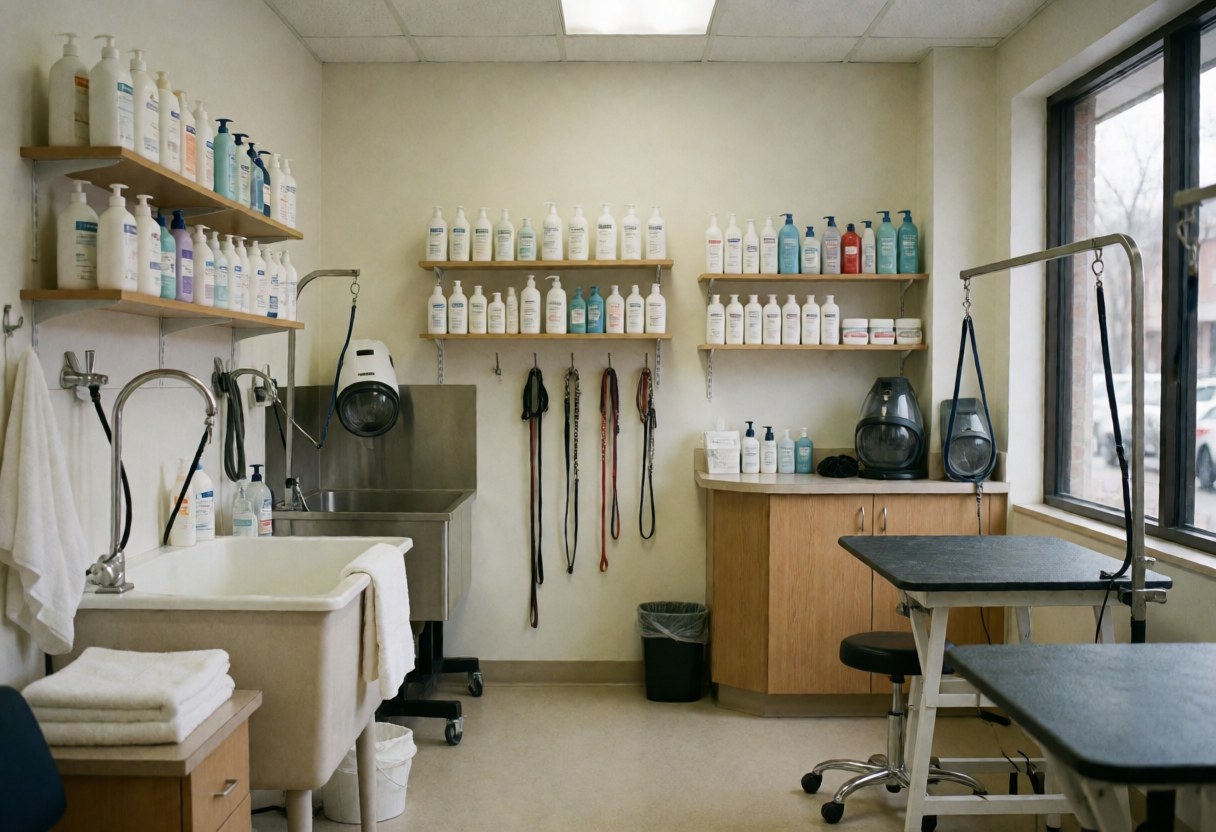 Dog grooming salon with washing, drying stations and pet products.