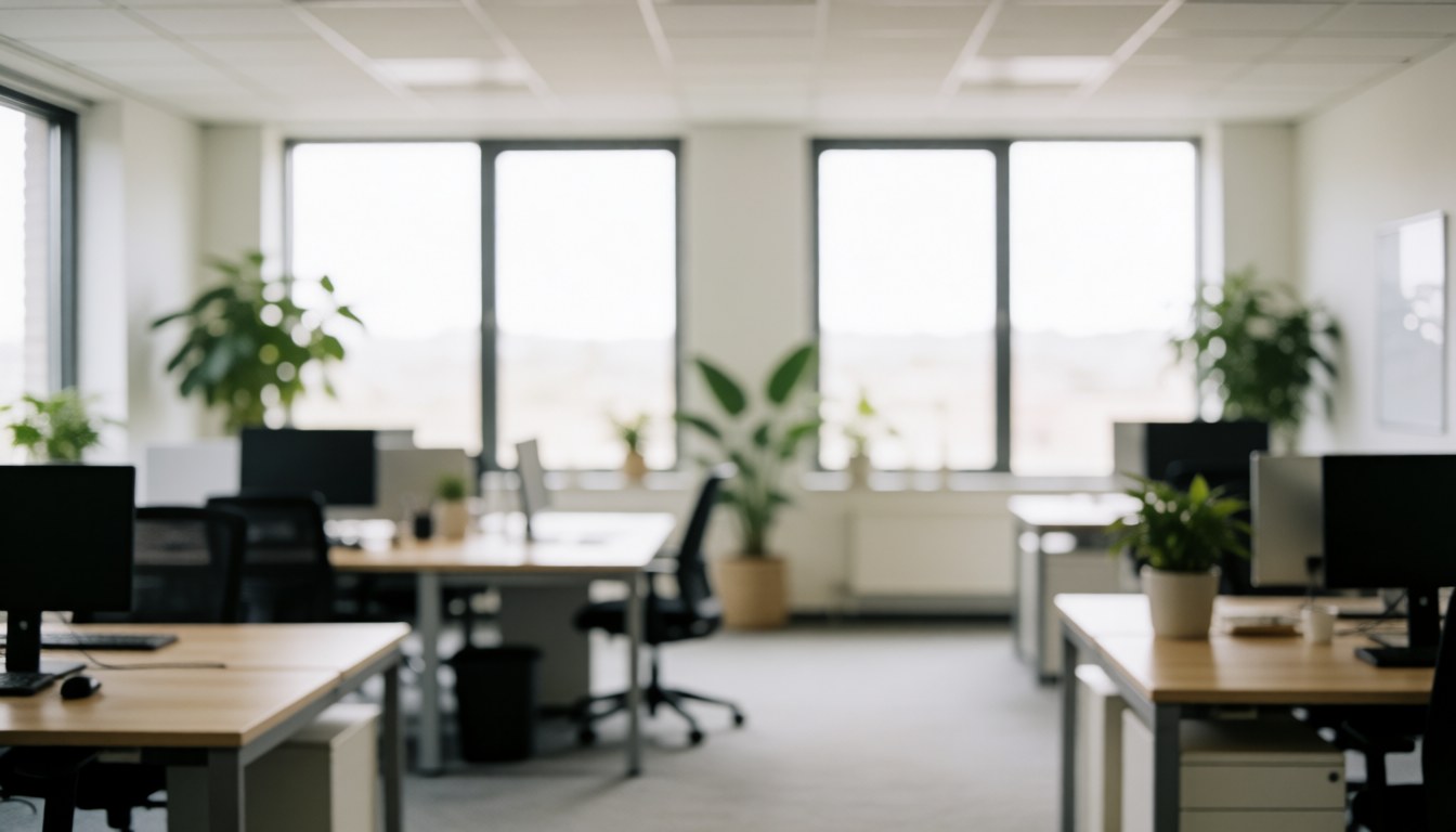 Blurred modern office with desks, computers, and plants.