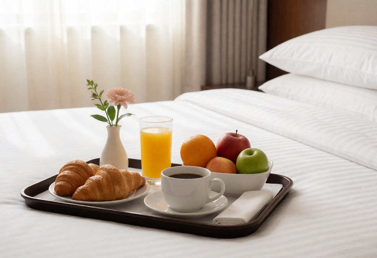 Breakfast in bed at hotel with croissants, fruit, juice and coffee.