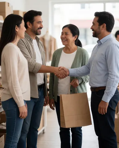 An older woman smiles as she receives a shopping bag and shakes hands with a man in a store.