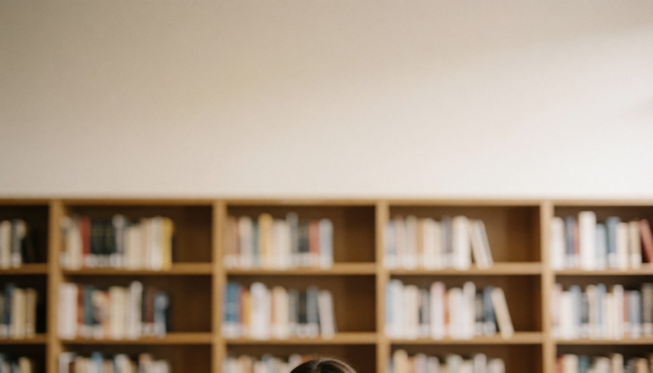 Person from behind in front of bookshelves in a library with warm light.