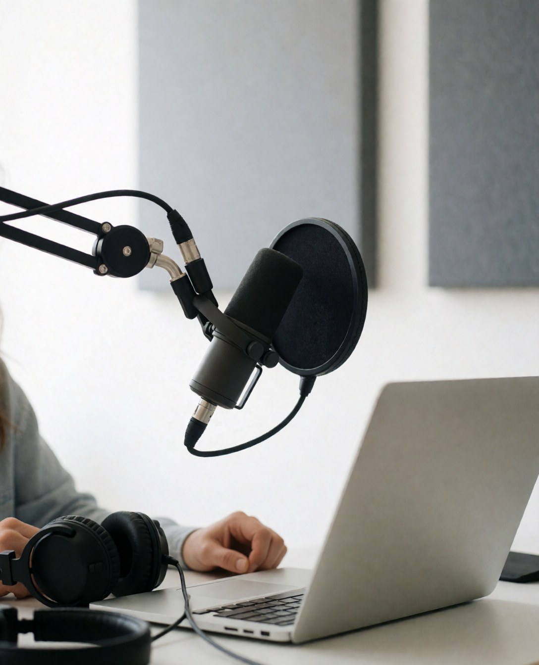 Person with microphone and computer recording an online class from their desk.