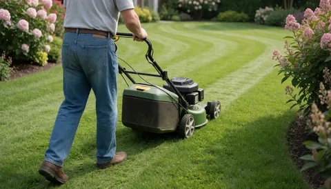 A man in jeans and a t-shirt mowing grass with a lawnmower in a garden with pink flowers.
