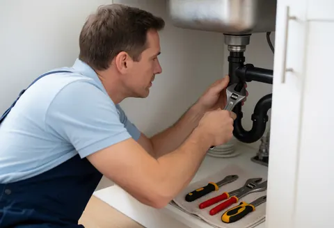 Plumber using wrench to fix pipe under kitchen sink.