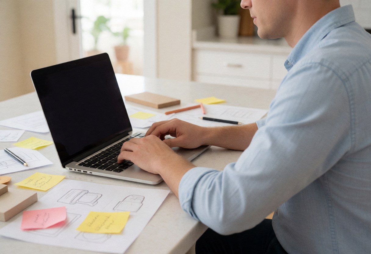 A young man works on a laptop computer on a desk with sticky notes and sketches.