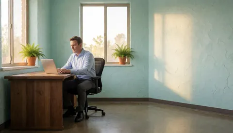 A man works on a laptop computer in an office with turquoise walls and plants on windowsills.