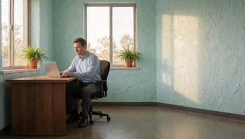 A man works on a laptop computer in an office with turquoise walls and plants on windowsills.