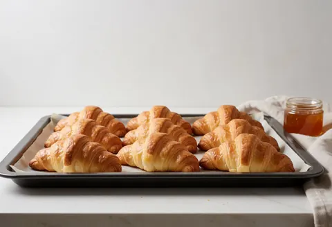 Golden freshly baked croissants on a metal tray on a white countertop, next to a jar of jam.
