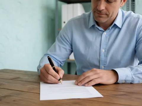 A man in a blue shirt signs a document with a black pen on a wooden desk in an office.