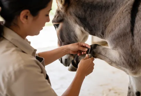 A veterinarian carefully trimming the hooves of a donkey inside a rustic stable using professional tools for animal care
