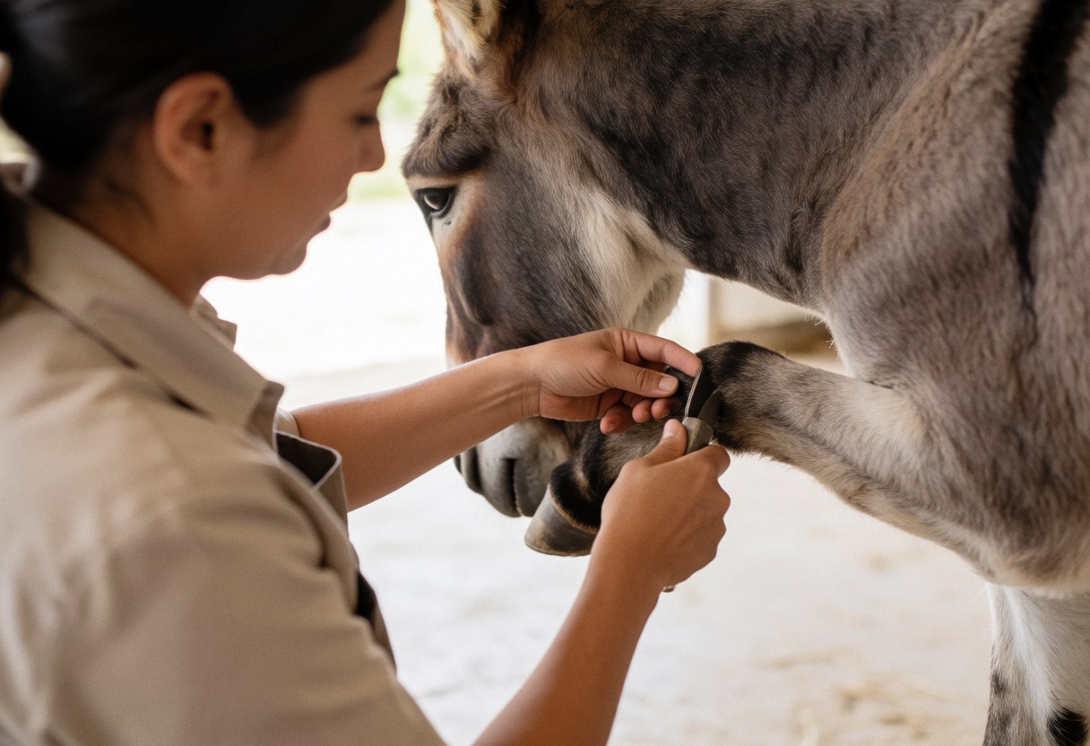 A woman trims a donkey's hoof with tools in a stable.