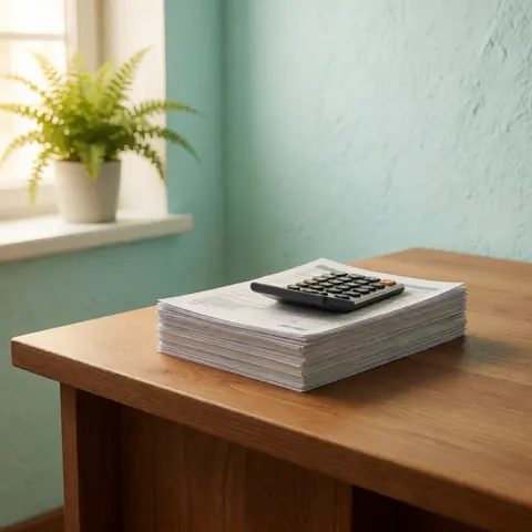 A black calculator on a stack of documents on a wooden desk, near a window with a plant.