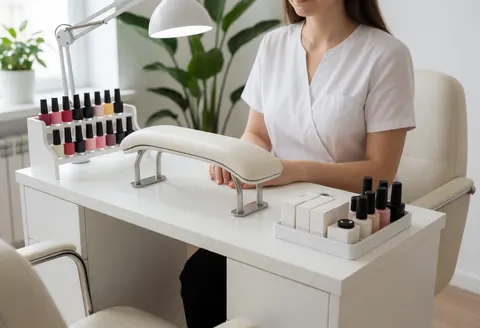 Nail technician in white uniform at clean manicure station, with nail polish and work lamp.