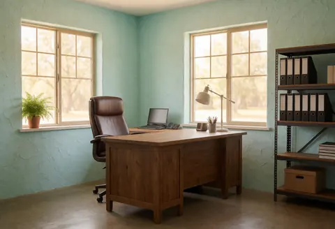 Accounting office with turquoise walls, wooden desk, chair, windows, and shelves with folders.