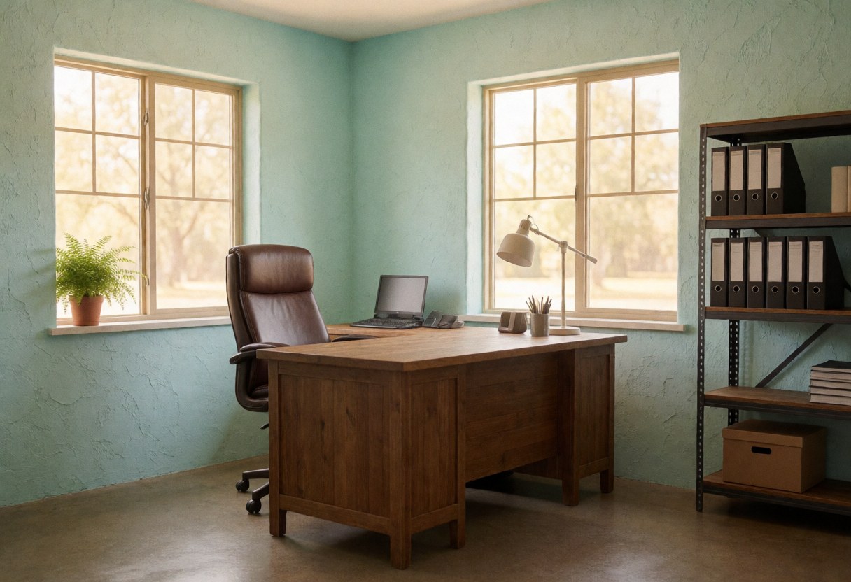 Accounting office with turquoise walls, wooden desk, chair, windows, and shelves with folders.