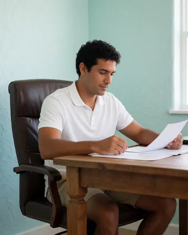 A young man in a white shirt reviews papers on a wooden desk in an office with green walls.