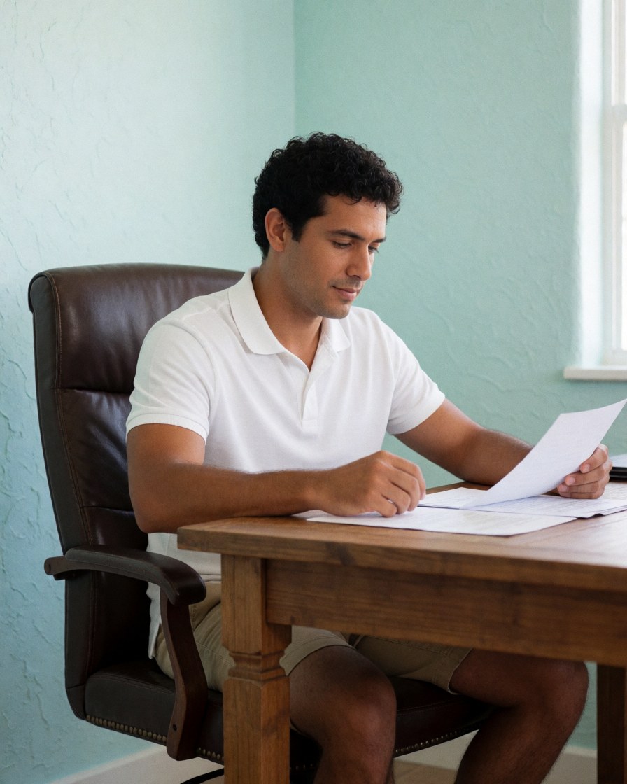 A young man in a white shirt reviews papers on a wooden desk in an office with green walls.