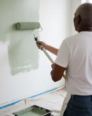 A man in a white t-shirt and jeans paints a wall with a greenish light roller, with a drop cloth and paint tray on the floor.