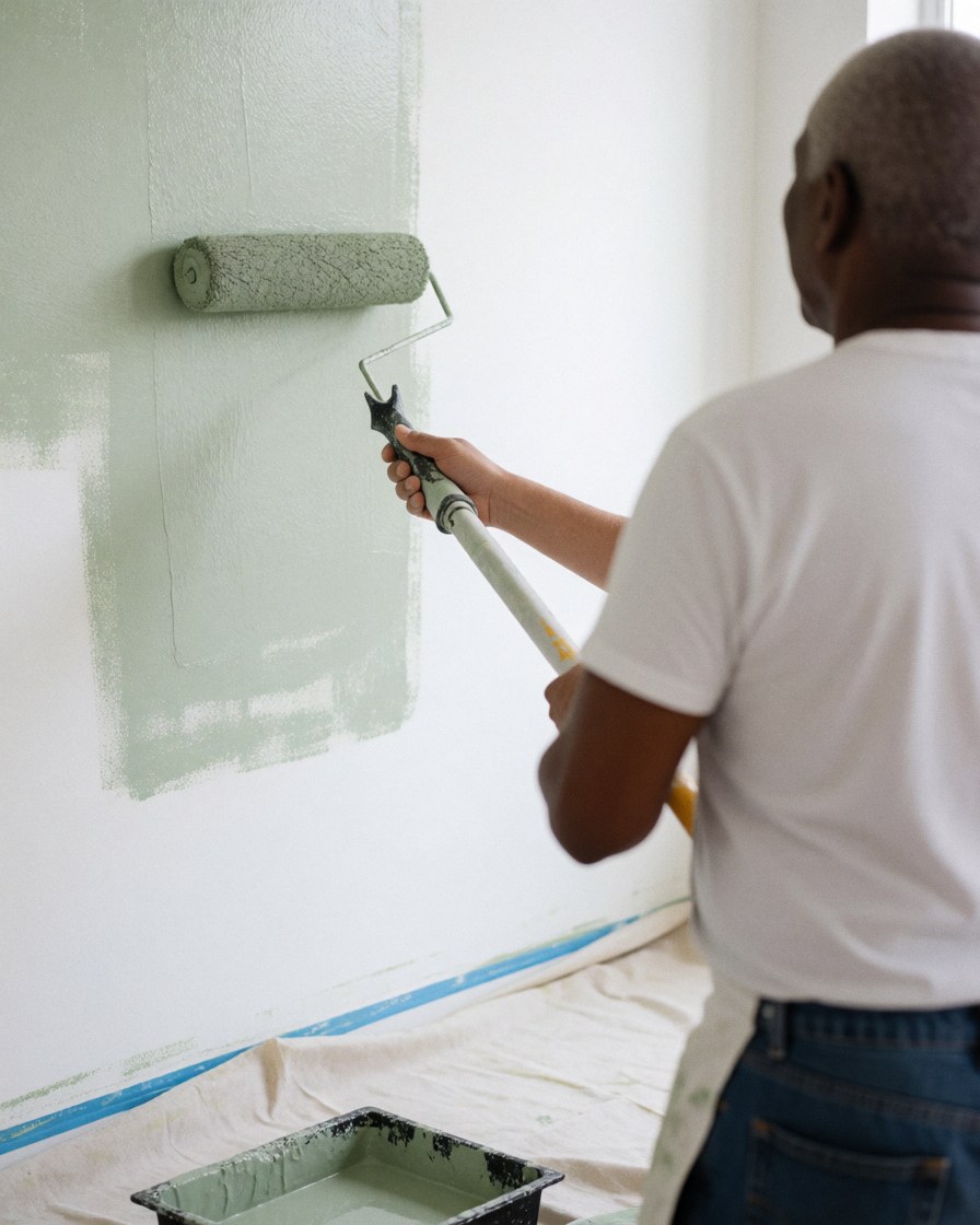 A man in a white t-shirt and jeans paints a wall with a greenish light roller, with a drop cloth and paint tray on the floor.