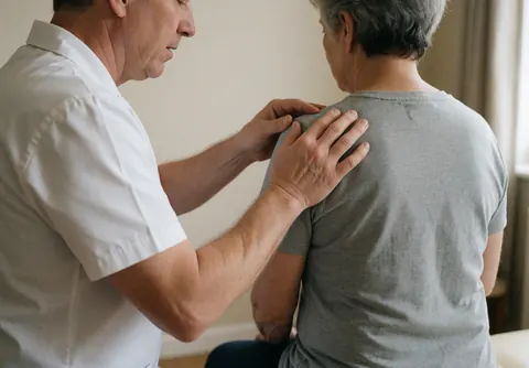 Physical therapist examines the shoulder of an older woman during a medical consultation.