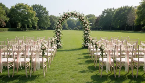 Floral arch and chairs with ribbons arranged on a green field for a wedding ceremony.