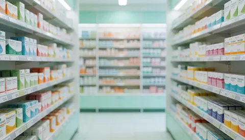 Clean pharmacy aisle with shelves of health products in soft tones, suitable for text backgrounds or professional presentations