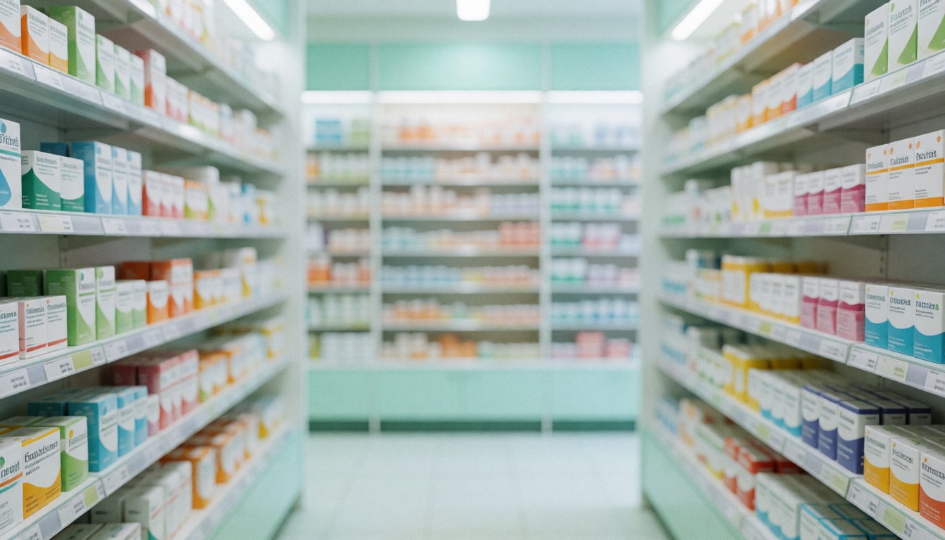 Pharmacy aisle with shelves full of health and personal care products.