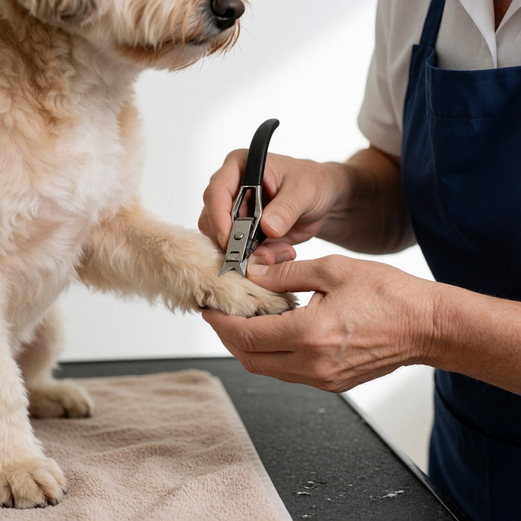 A groomer with an apron trims a dog's nails with nail clippers on a towel on a table.