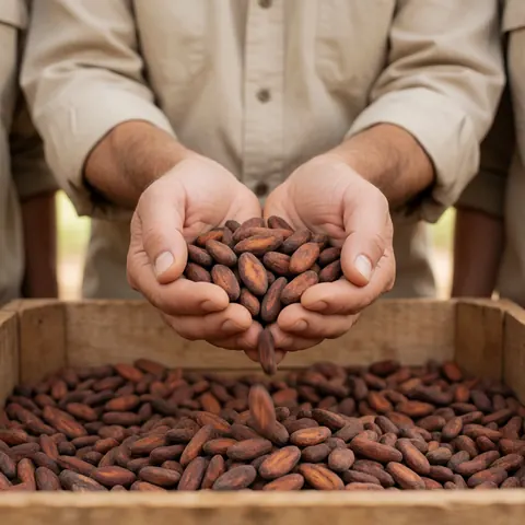 A worker's hands holding cocoa beans over a wooden crate full of cocoa beans.