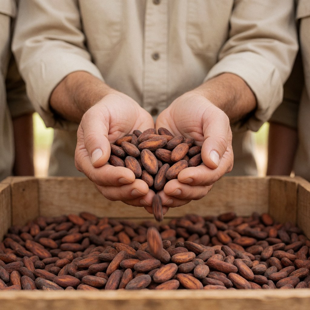 A worker's hands holding cocoa beans over a wooden crate full of cocoa beans.