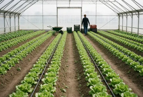 A worker walks through a greenhouse with rows of green lettuce and a wheelbarrow nearby.