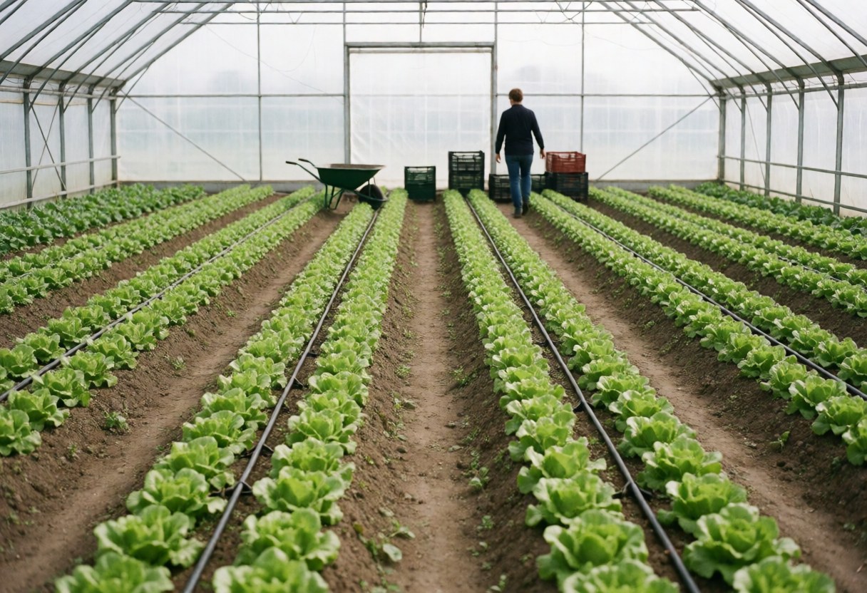 A worker walks through a greenhouse with rows of green lettuce and a wheelbarrow nearby.