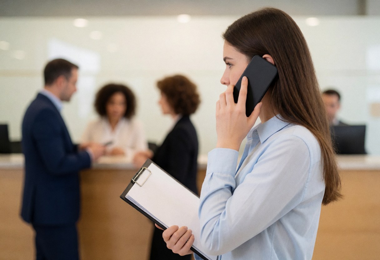 An advisor in an office taking a call on a cellphone while holding a clipboard with documents.