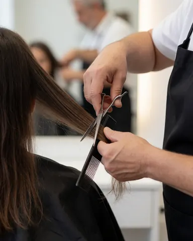 A hairdresser cuts a client's hair with scissors and comb in a salon.