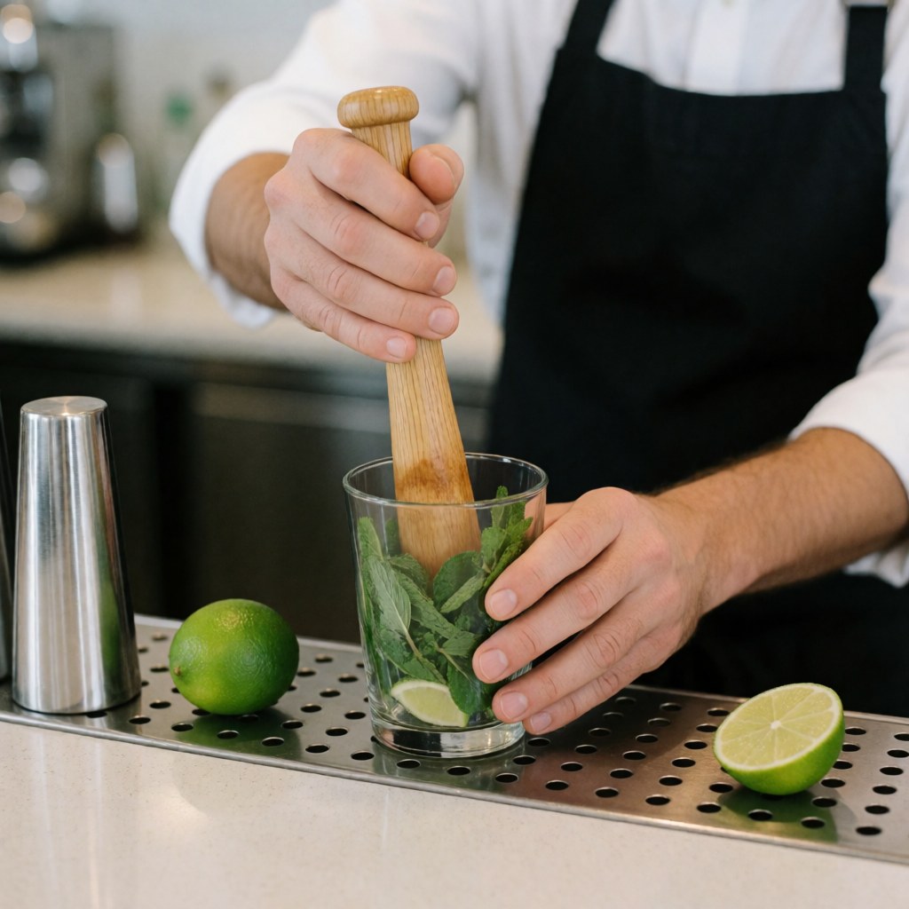 A bartender muddles mint and lime in a glass with a wooden muddler on a perforated metal bar.