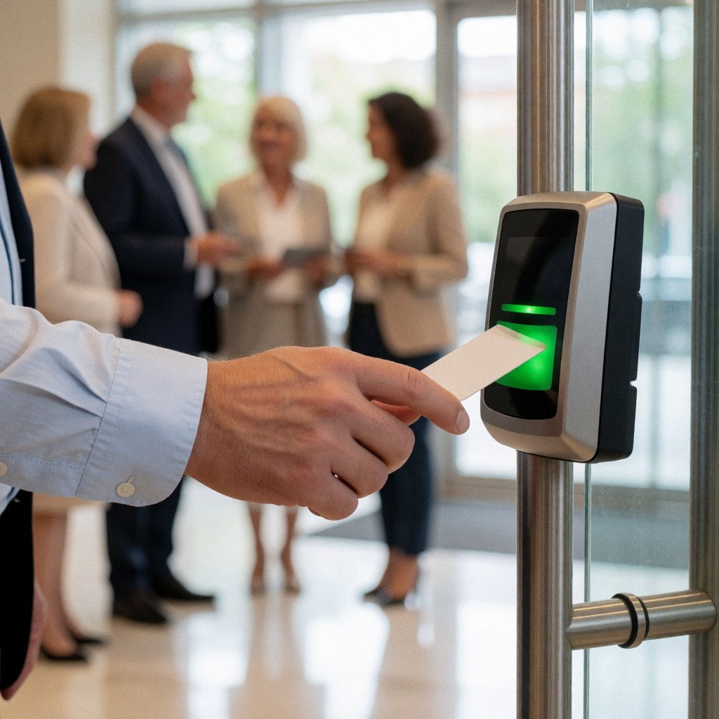 A person inserts a card into an access reader to enter an office building.