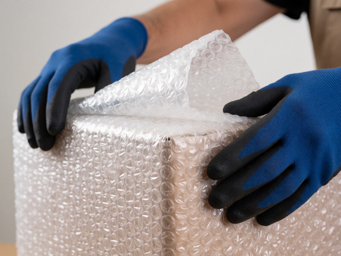 Hands in blue and black gloves protecting a package wrapped in transparent bubble wrap.