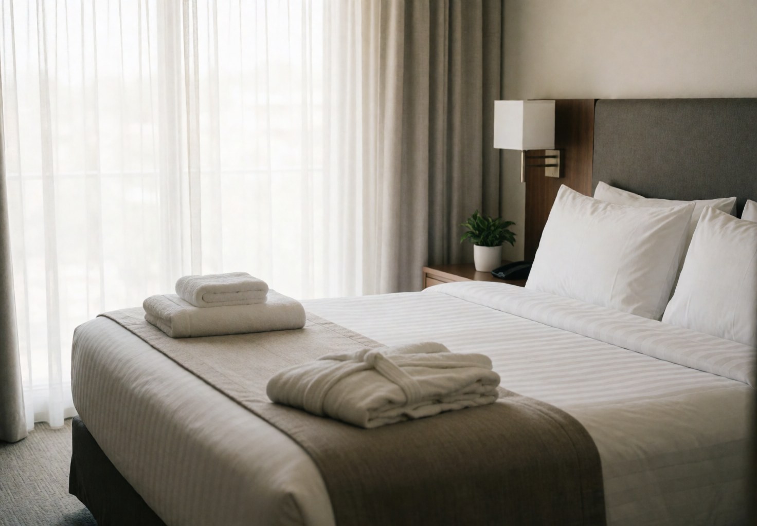 Clean hotel bed with white sheets, folded towels, and a robe, near a window with curtains.