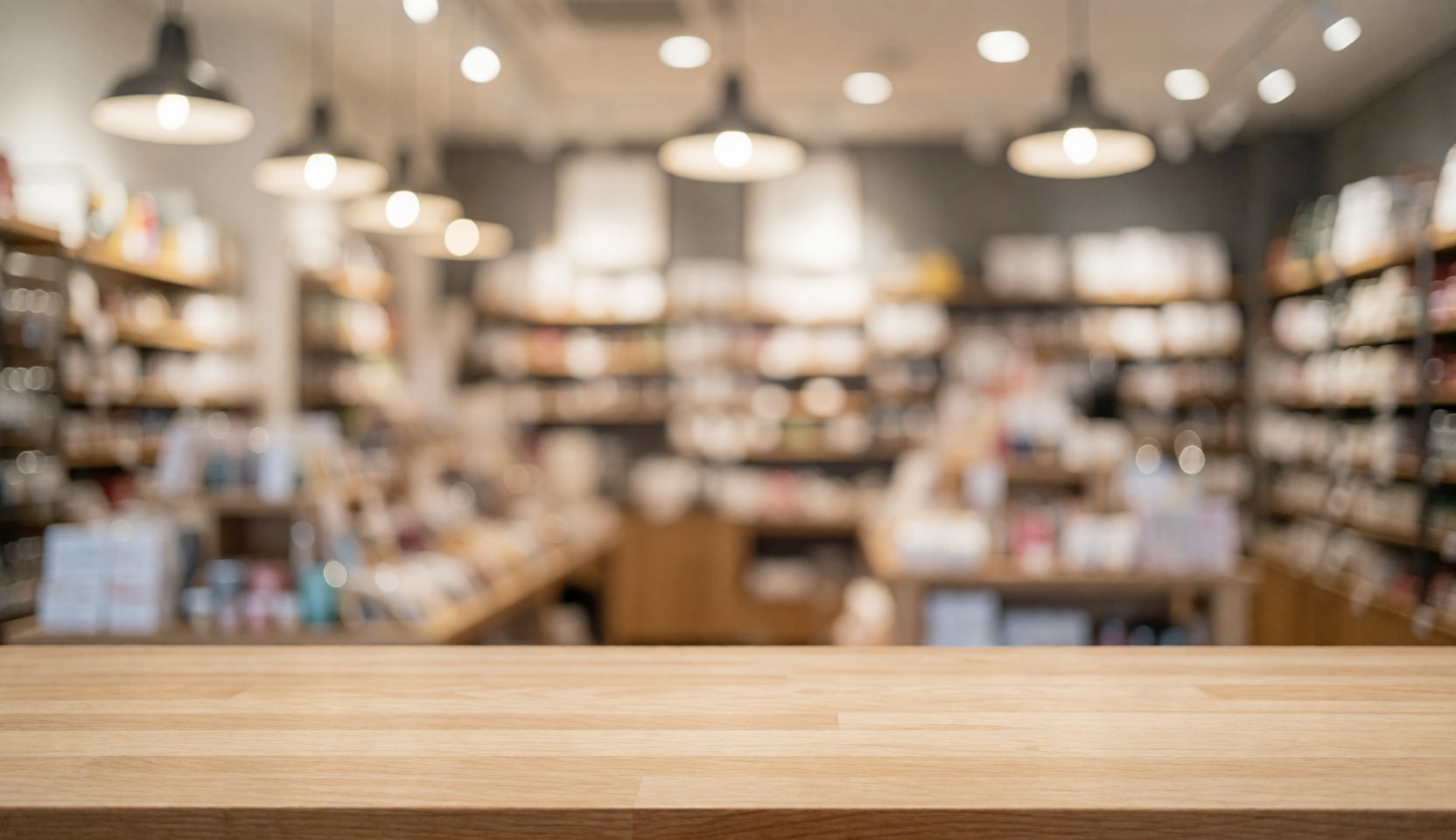 Wooden table in foreground with blurred background of store with shelves and hanging lights.