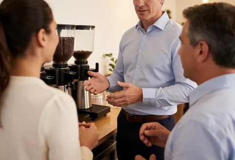 An employee explains coffee to two clients in a coworking space with a coffee machine.