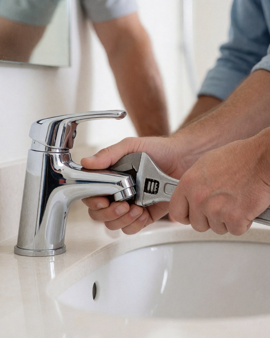 Plumber's hands adjusting a bathroom faucet with an adjustable wrench on a white countertop and sink.