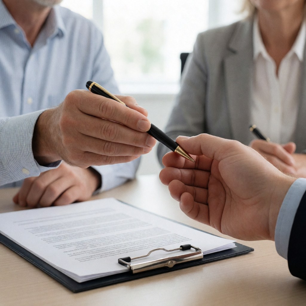 One hand holds a black and gold pen while another hand receives it over a document in a folder, on an office desk.