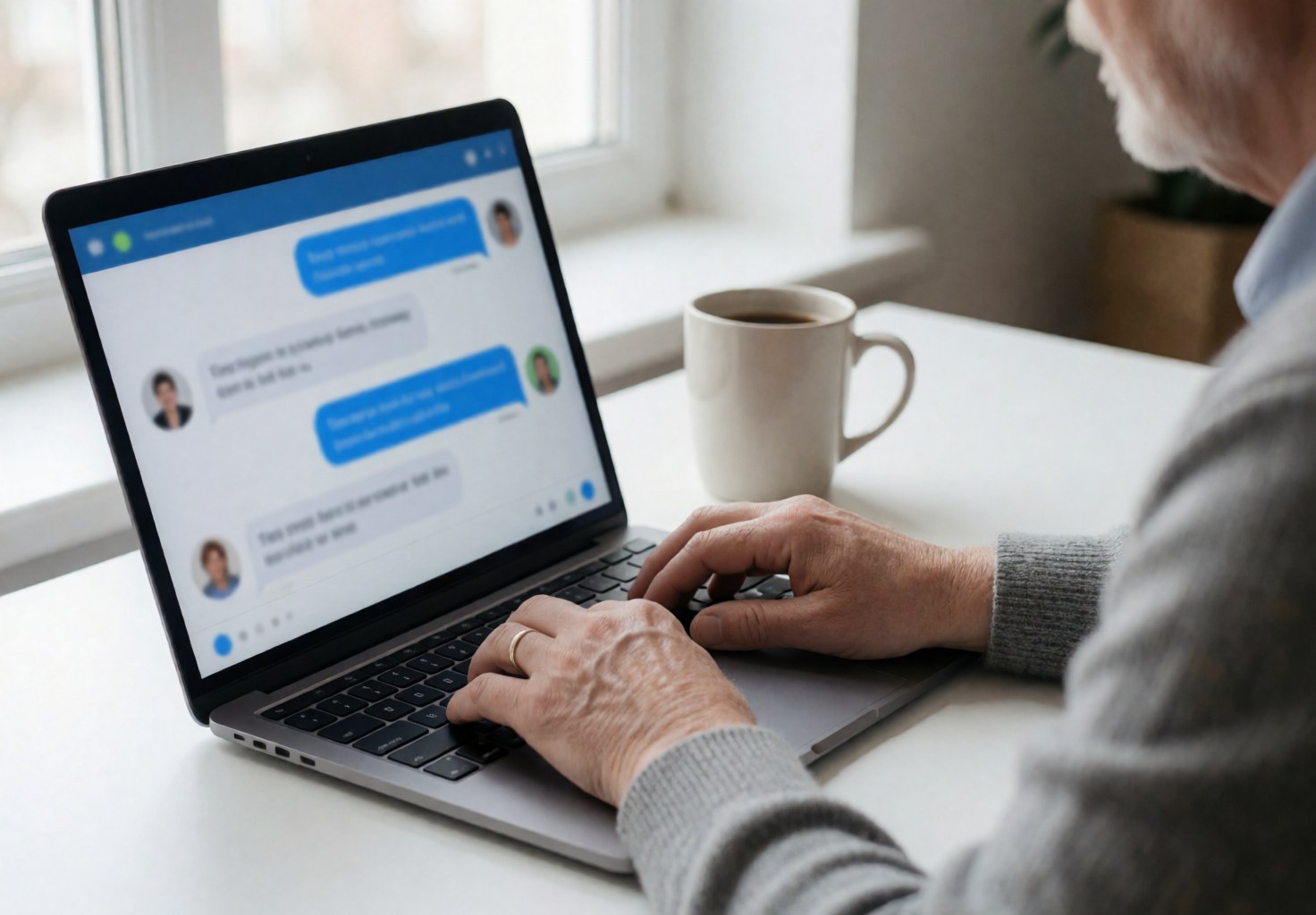 An older person types a chat message on a laptop with a coffee mug beside it.