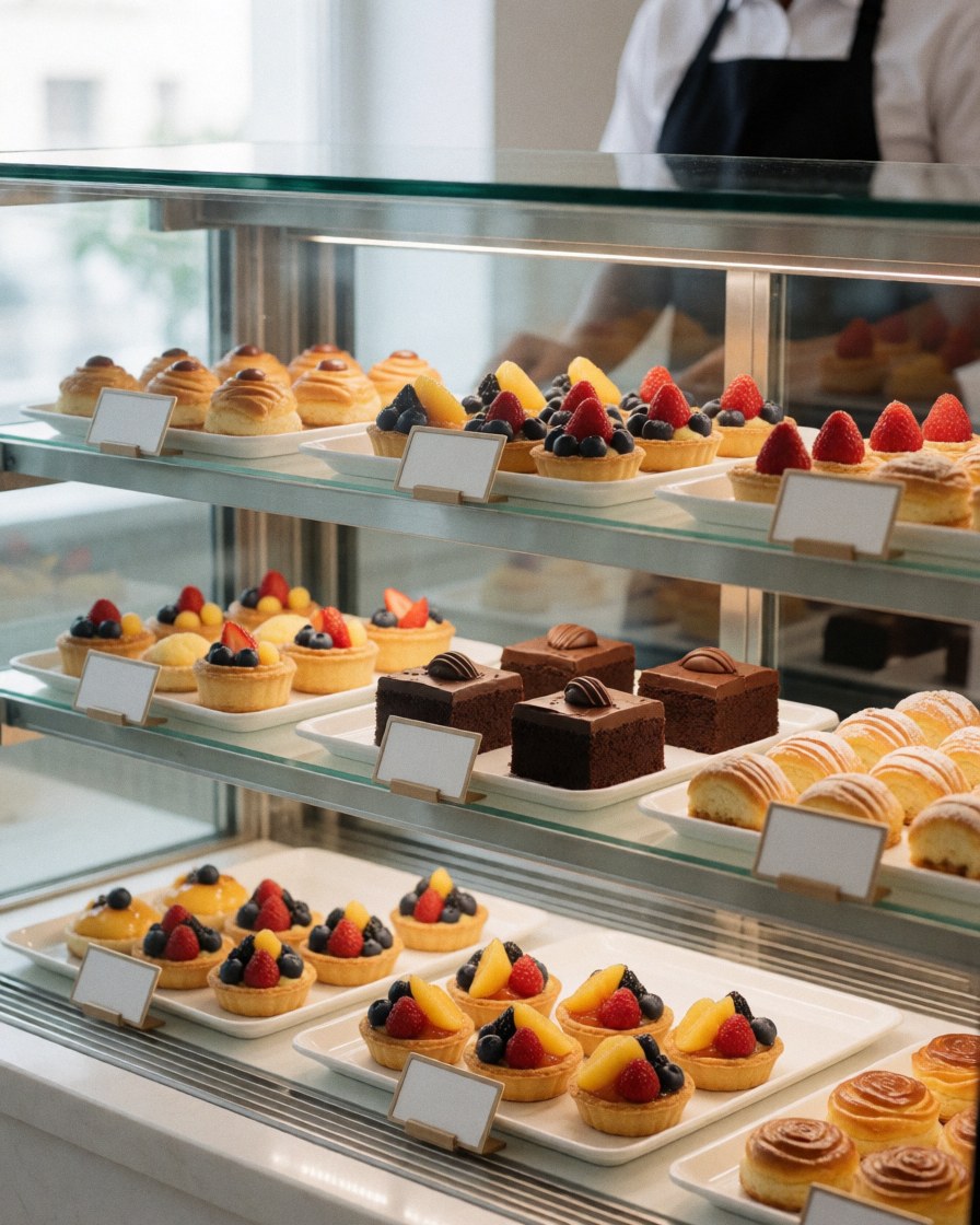 Pastry display case with fruit tarts, chocolate cakes, and pastries, with an employee in the background.