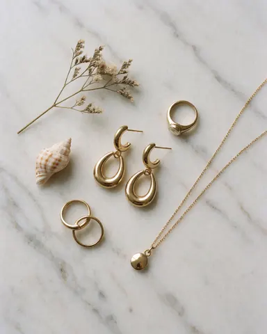 Gold jewelry including earrings, rings, and a necklace on a white marble surface with natural accents.