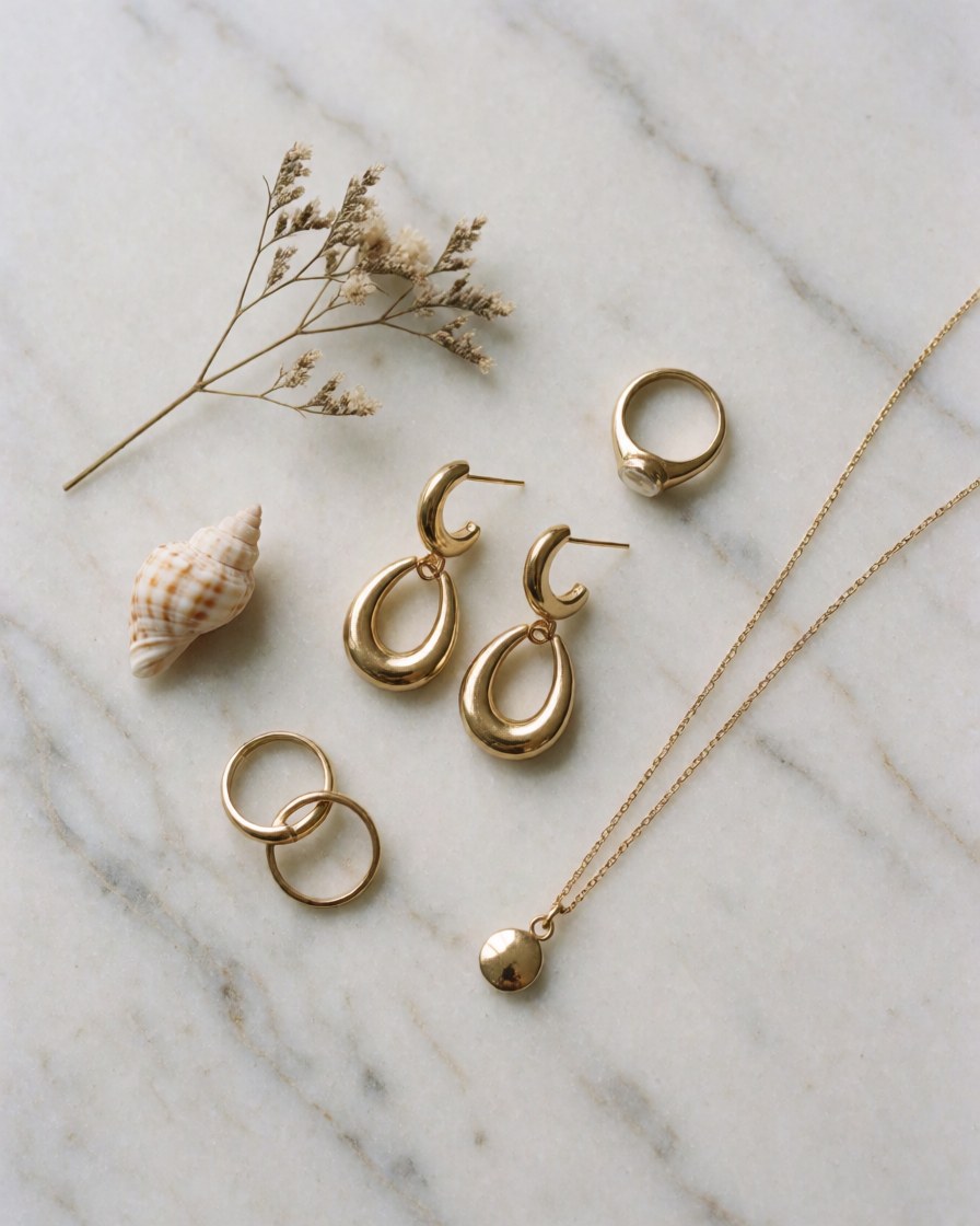 Gold jewelry including earrings, rings, and a necklace on a white marble surface with natural accents.