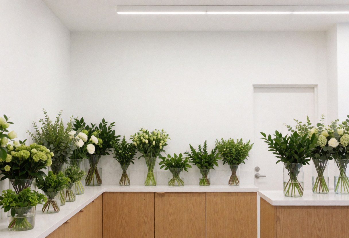 Minimalist flower shop interior with multiple fresh flower arrangements in glass vases on a white countertop.