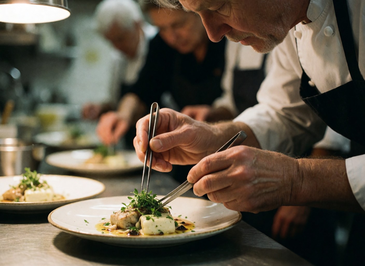 Chef placing fresh herbs on a gourmet dish with tweezers.