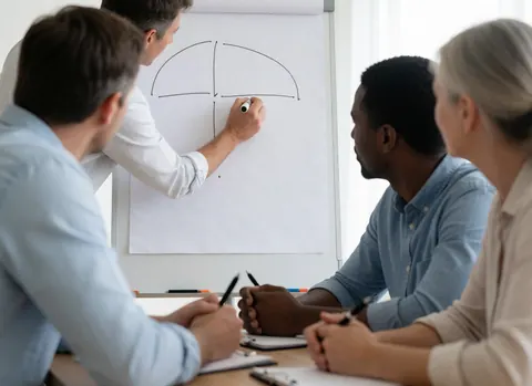 A trainer draws a diagram on a whiteboard while three people watch and take notes.